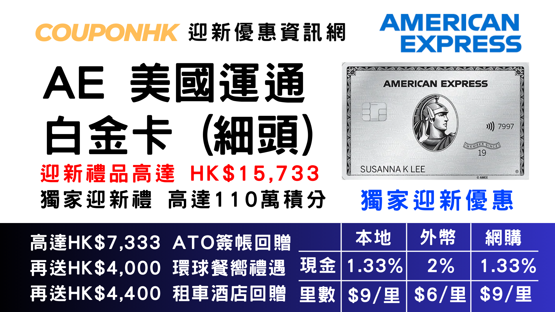 AE 白金卡迎新優惠】限時回本玩法，迎新高達$11,800簽帳回贈！美國運通白金卡(AE 細頭) CouponHK -  證券戶口|迎新優惠|虛擬銀行|信用卡優惠